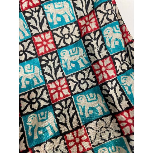 Vintage Mid Century Elephant Silk Scarf Indian Block Print Tile Print Turquoise - Picture 6 of 10